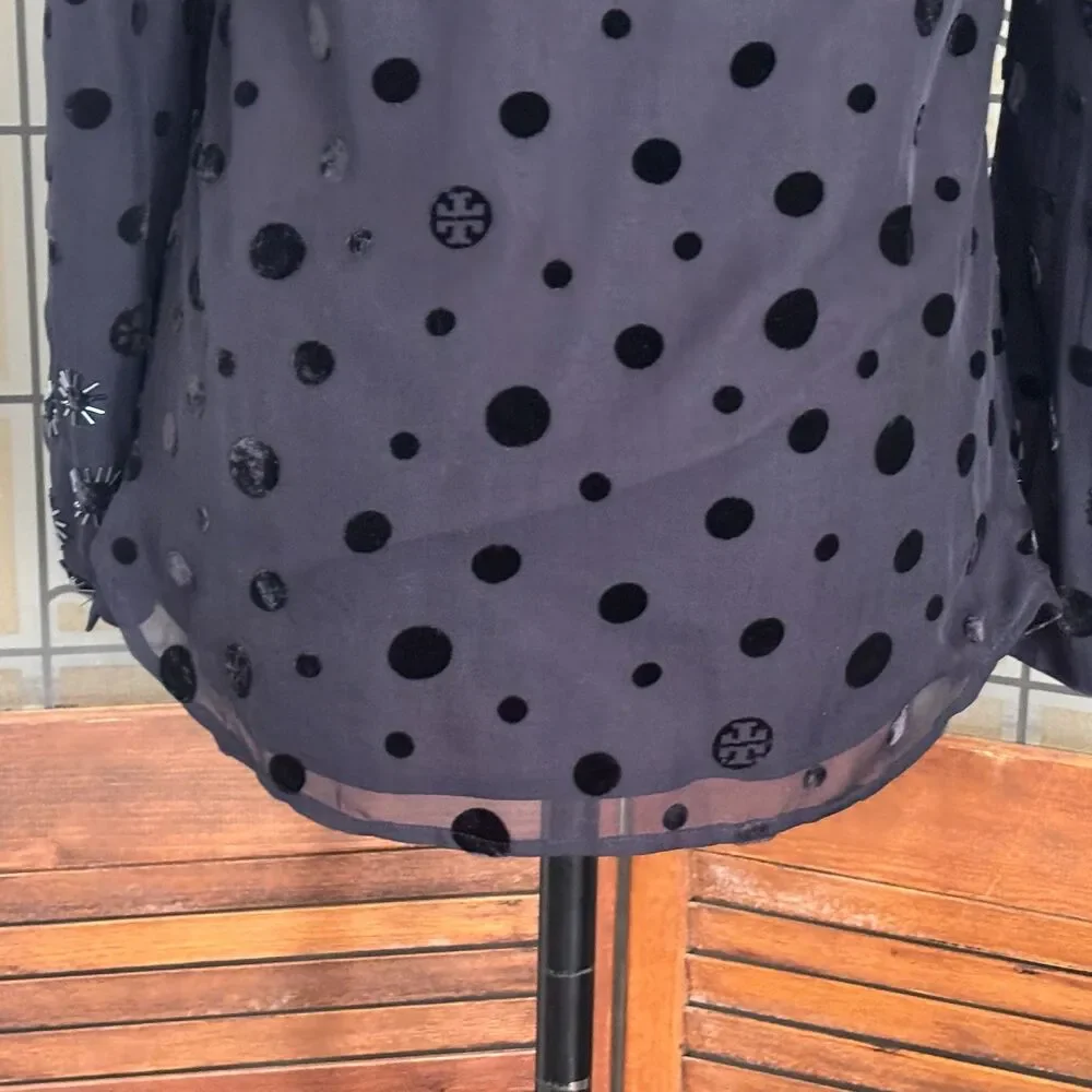 Tory Burch Angela Silk Velvet Dot Beaded Dark Navy Tunic Blouse Top Size 4